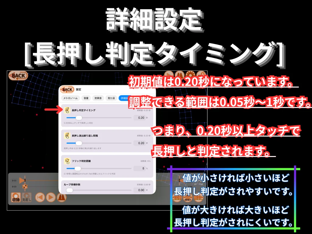 詳細設定 (長押し判定タイミング)。 初期値は 0.20 秒。 設定可能な範囲は 0.05 秒〜1 秒。 0.20 秒以上タッチで長押しと判定されます。 値が小さいほど長押し判定されやすく、 値が大きいほど長押し判定されにくくなります。